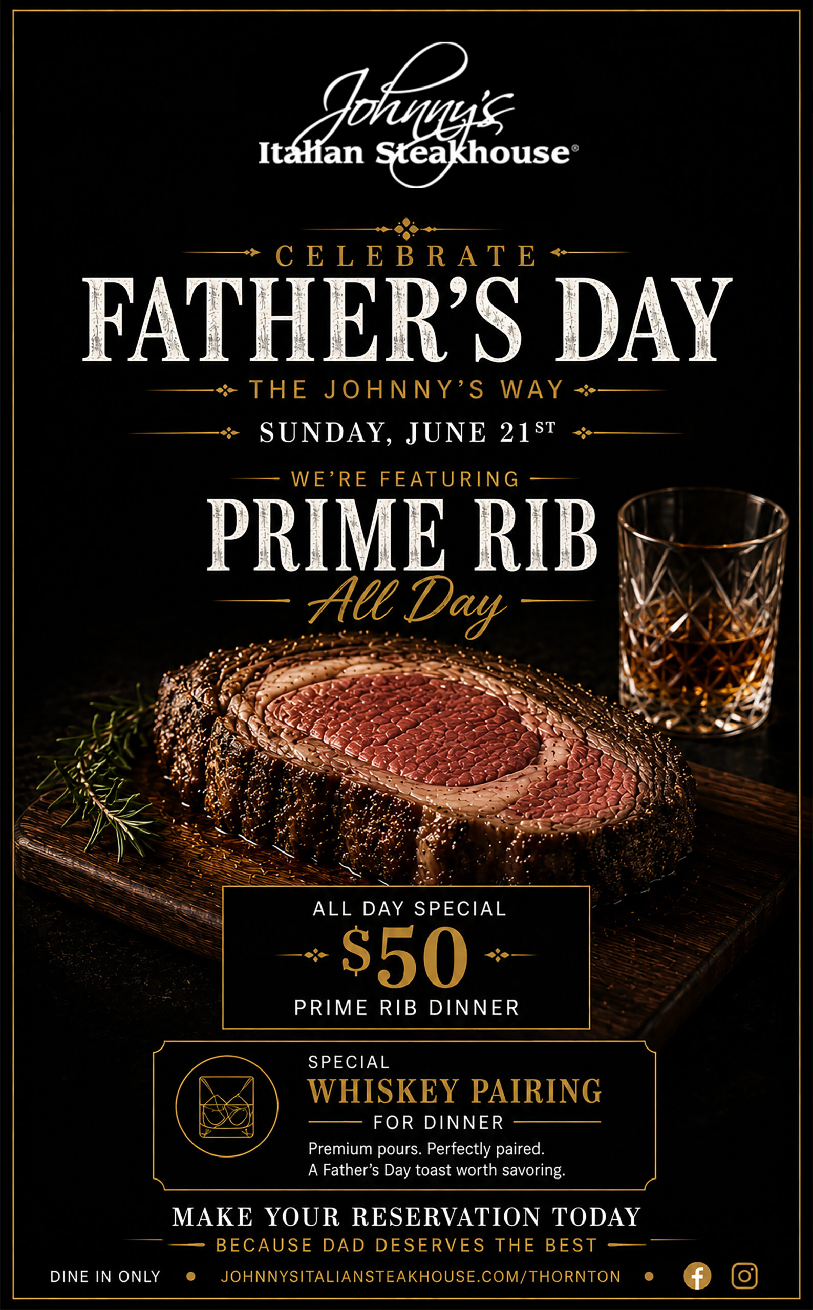 Celebrate Father's Day The Johnny's Way, Sunday June 21st, All Day Special $50 Prime Rib, Make Your Reservation Today
